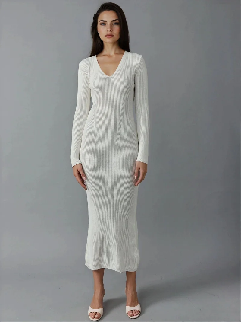 MY FASHION Dusty White MY FASHION V-Neck Textured Maxi Knit Dress with Slit for Women | Best Price UAE